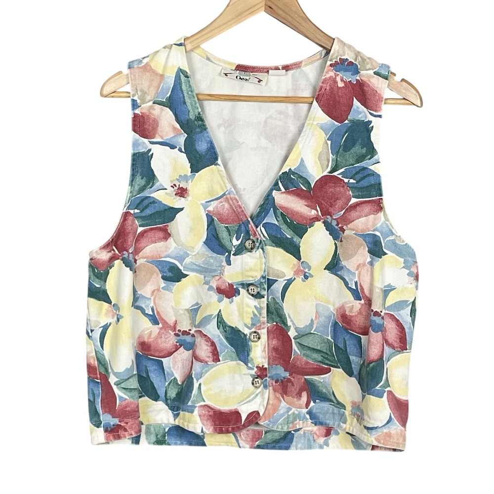 Vintage Orvis Tropical Floral Button Up Vest Womens L Cruise Cotton Made in USA